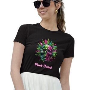 Green & Pink Skull Plant Based Graphic Short Sleeve T-Shirt 420 leaf friendly